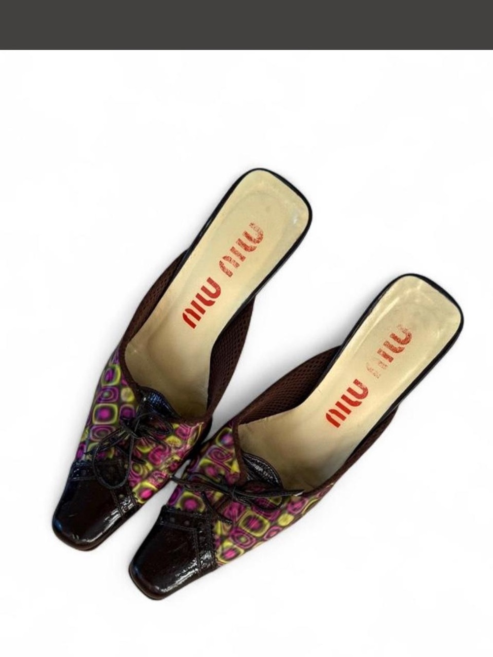 Miu Miu Brown Leather & Multicolor Geometric Mules